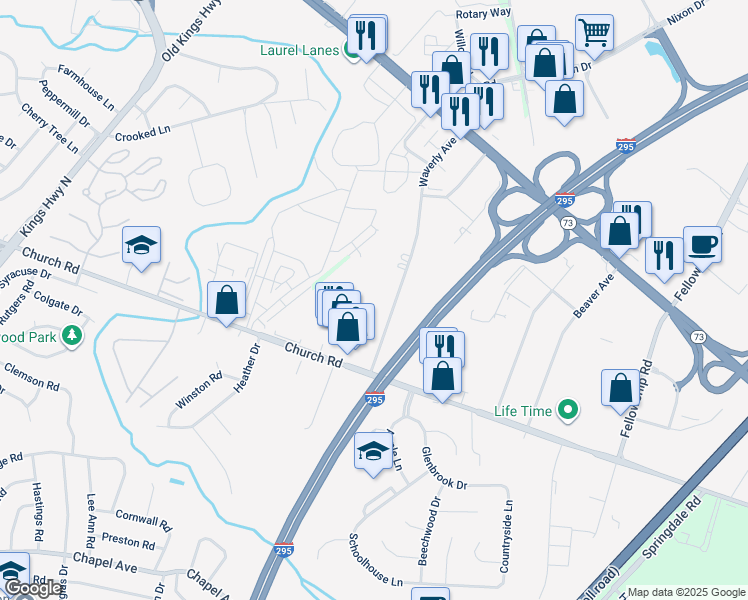 map of restaurants, bars, coffee shops, grocery stores, and more near 159 Waverly Avenue in Mount Laurel