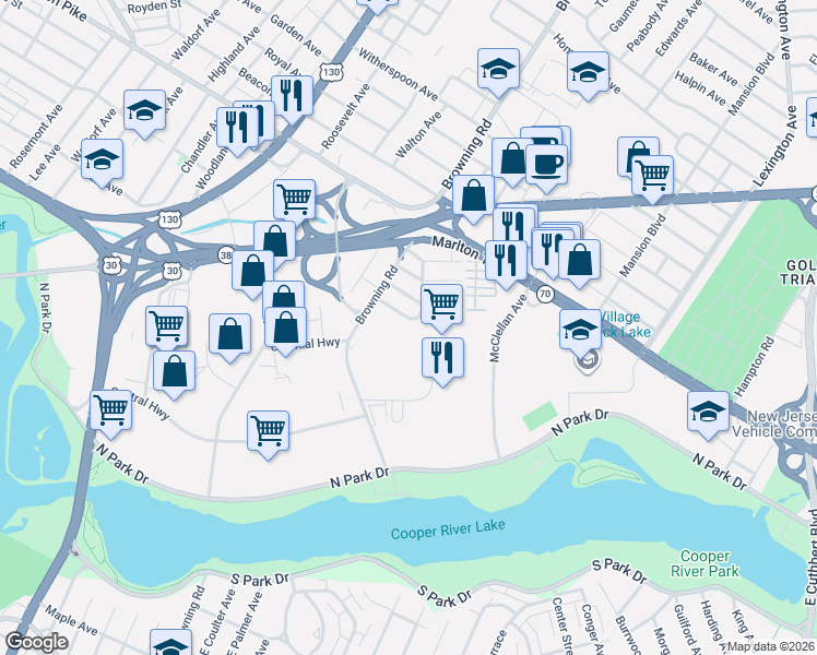 map of restaurants, bars, coffee shops, grocery stores, and more near 7126 Golfview Drive in Pennsauken Township
