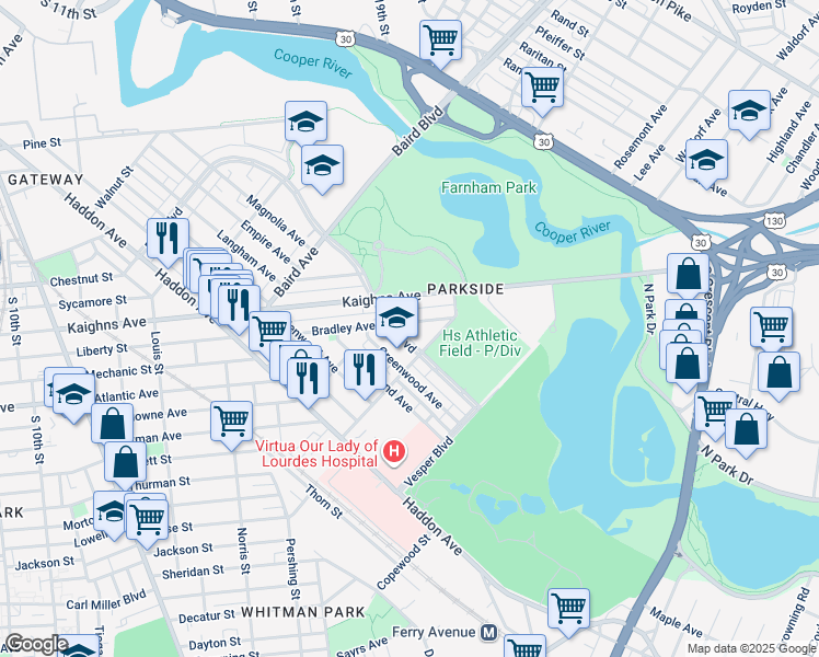 map of restaurants, bars, coffee shops, grocery stores, and more near 1864 Park Boulevard in Camden