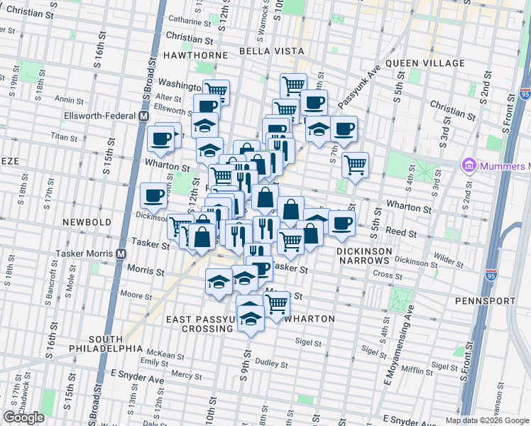 map of restaurants, bars, coffee shops, grocery stores, and more near 1401s South 10th Street in Philadelphia