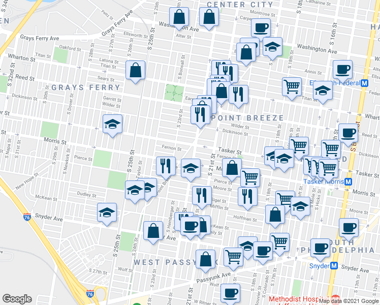 map of restaurants, bars, coffee shops, grocery stores, and more near 1621 South 22nd Street in Philadelphia