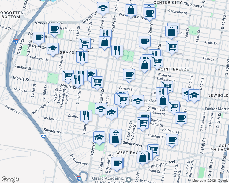 map of restaurants, bars, coffee shops, grocery stores, and more near 2341 Morris Street in Philadelphia