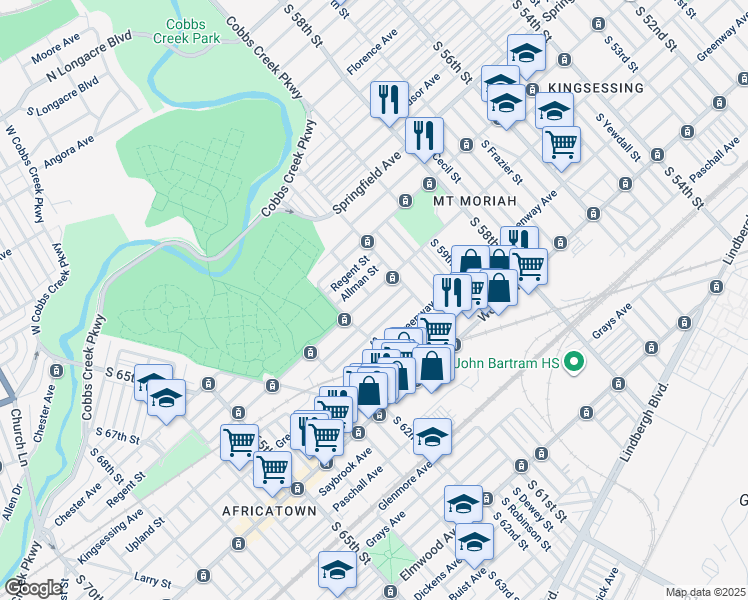 map of restaurants, bars, coffee shops, grocery stores, and more near 6051 Reinhard Street in Philadelphia