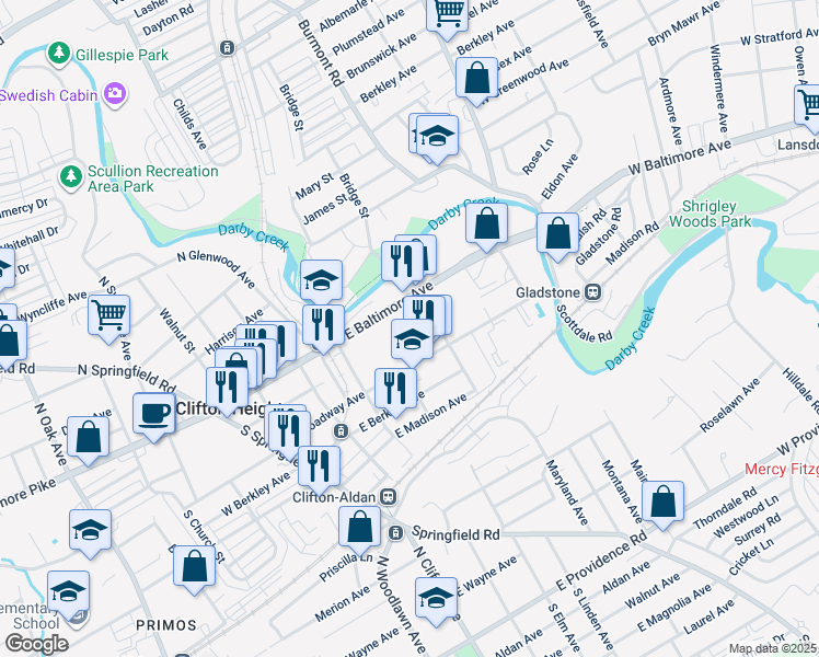 map of restaurants, bars, coffee shops, grocery stores, and more near 34 Edgemont Avenue in Clifton Heights