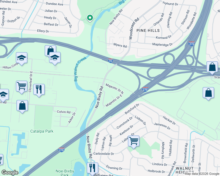 map of restaurants, bars, coffee shops, grocery stores, and more near 4929 Majestic Drive North in Columbus