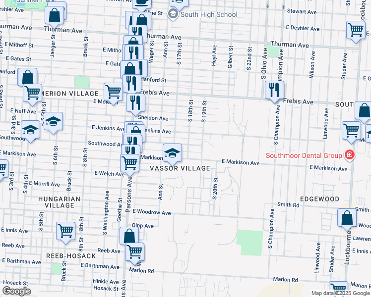 map of restaurants, bars, coffee shops, grocery stores, and more near 647 Southwood Avenue in Columbus