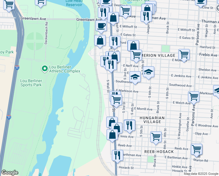 map of restaurants, bars, coffee shops, grocery stores, and more near 20 South Wall Street in Columbus