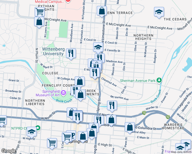 map of restaurants, bars, coffee shops, grocery stores, and more near 109 East College Avenue in Springfield
