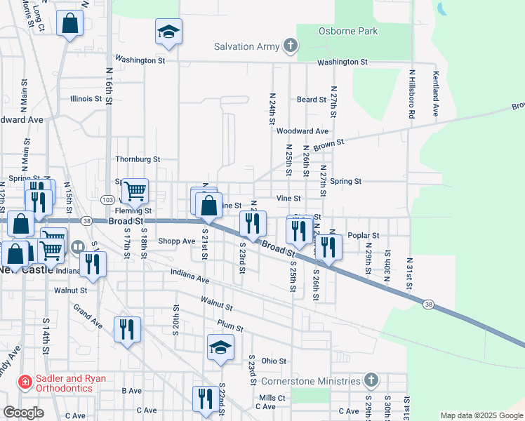 map of restaurants, bars, coffee shops, grocery stores, and more near 130 North 23rd Street in New Castle