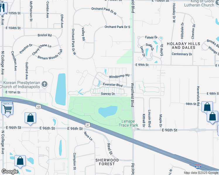 map of restaurants, bars, coffee shops, grocery stores, and more near 1507 Starcross Lane in Indianapolis