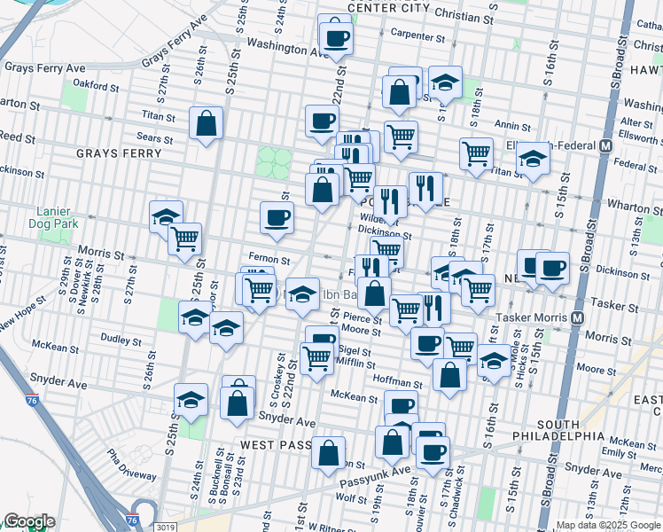 map of restaurants, bars, coffee shops, grocery stores, and more near 2117 Fernon Street in Philadelphia