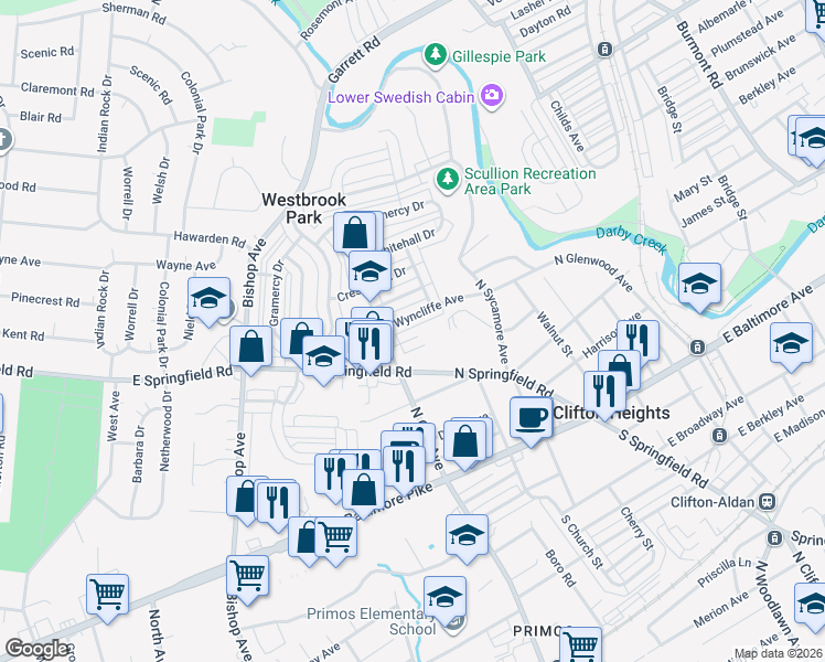 map of restaurants, bars, coffee shops, grocery stores, and more near 271 Revere Road in Clifton Heights