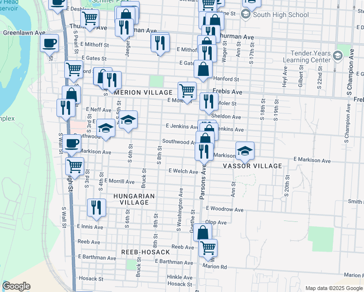 map of restaurants, bars, coffee shops, grocery stores, and more near 369 Southwood Avenue in Columbus