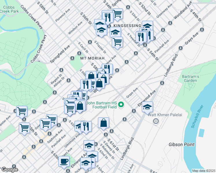 map of restaurants, bars, coffee shops, grocery stores, and more near 5806 Woodland Avenue in Philadelphia