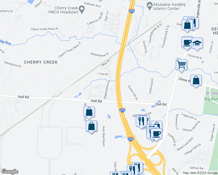 map of restaurants, bars, coffee shops, grocery stores, and more near 1006 Regentshire Drive in Columbus