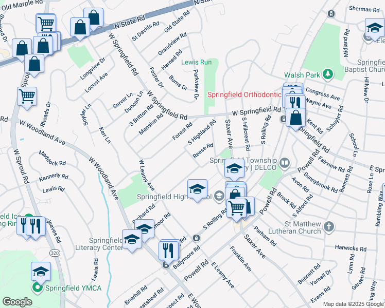 map of restaurants, bars, coffee shops, grocery stores, and more near 182 Reese Road in Springfield