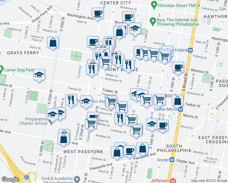 map of restaurants, bars, coffee shops, grocery stores, and more near Tasker St & S 20th St in Philadelphia