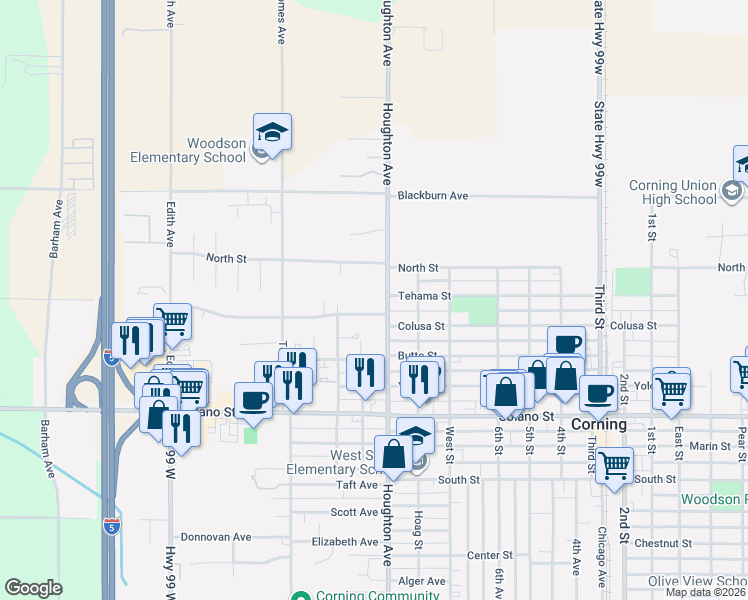 map of restaurants, bars, coffee shops, grocery stores, and more near 330 Houghton Avenue in Corning