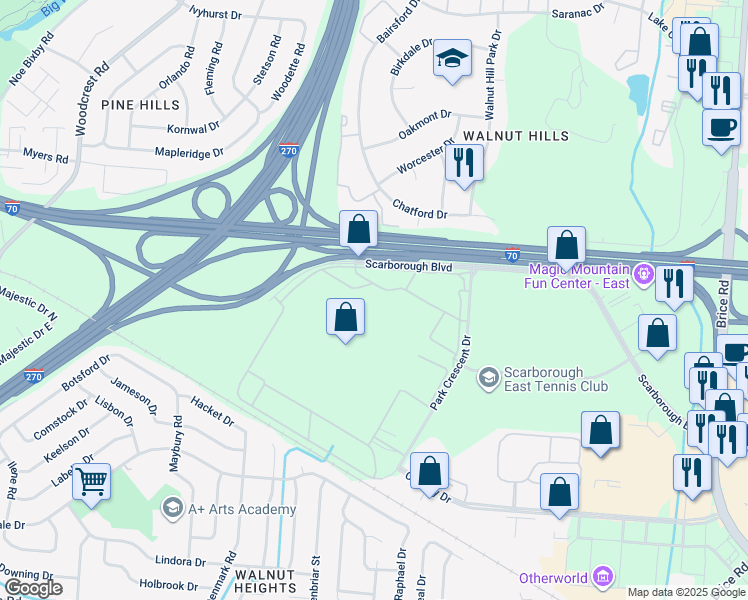 map of restaurants, bars, coffee shops, grocery stores, and more near 5555 Scarborough Boulevard in Columbus
