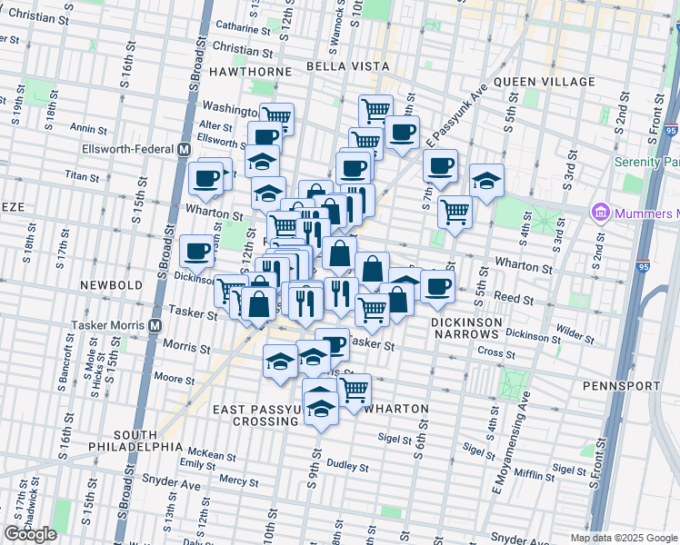 map of restaurants, bars, coffee shops, grocery stores, and more near 908 Reed Street in Philadelphia