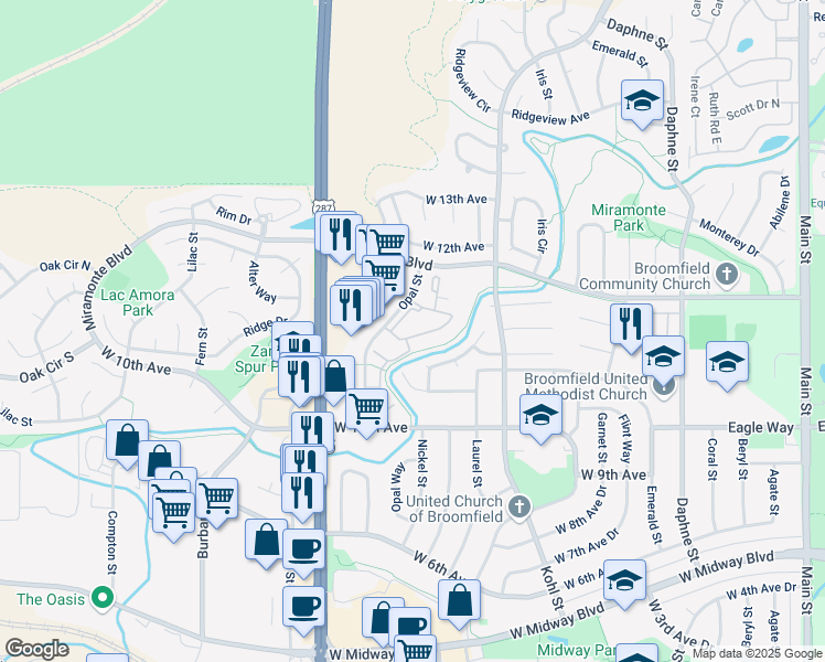 map of restaurants, bars, coffee shops, grocery stores, and more near 1136 Opal Street in Broomfield