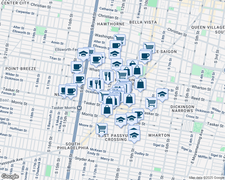 map of restaurants, bars, coffee shops, grocery stores, and more near 1142 Gerritt Street in Philadelphia