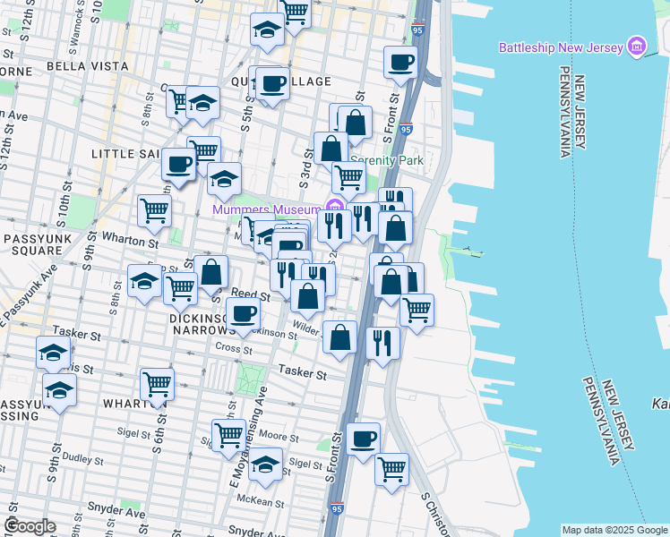 map of restaurants, bars, coffee shops, grocery stores, and more near 1241 South 2nd Street in Philadelphia