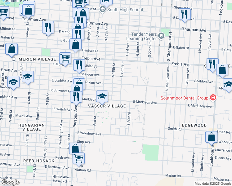 map of restaurants, bars, coffee shops, grocery stores, and more near 647 Southwood Avenue in Columbus