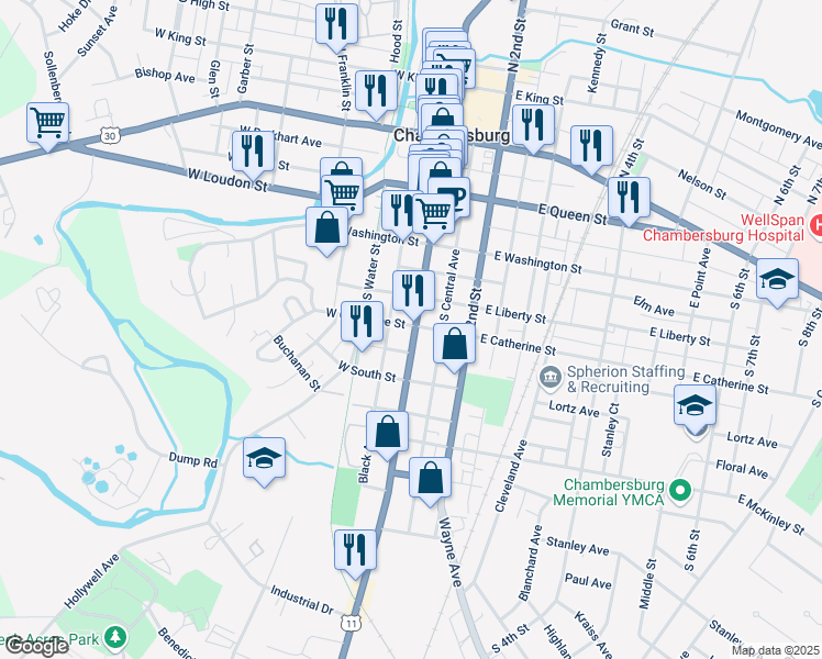 map of restaurants, bars, coffee shops, grocery stores, and more near 414 South Main Street in Chambersburg
