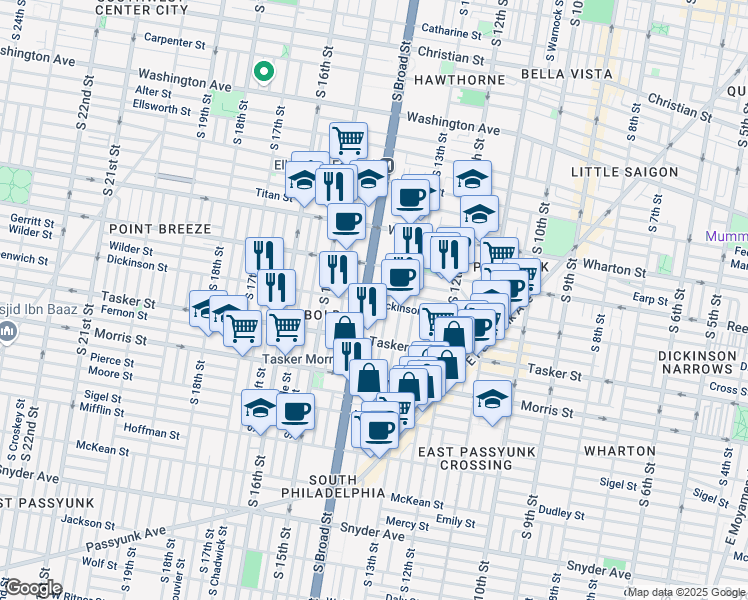 map of restaurants, bars, coffee shops, grocery stores, and more near 1443 South Broad Street in Philadelphia