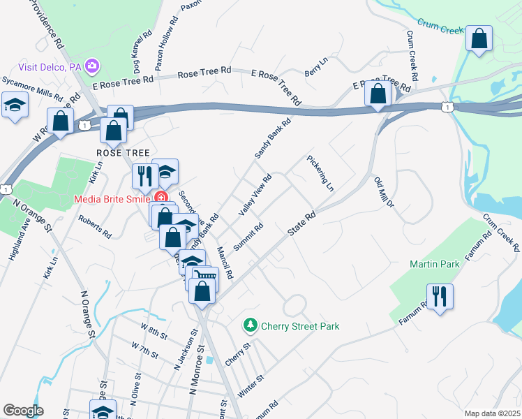 map of restaurants, bars, coffee shops, grocery stores, and more near 306 Summit Road in Media