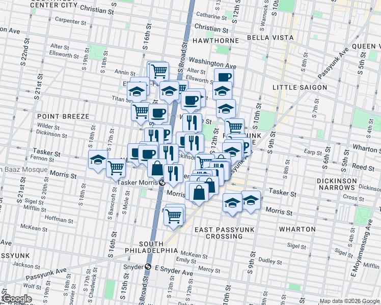 map of restaurants, bars, coffee shops, grocery stores, and more near in Philadelphia