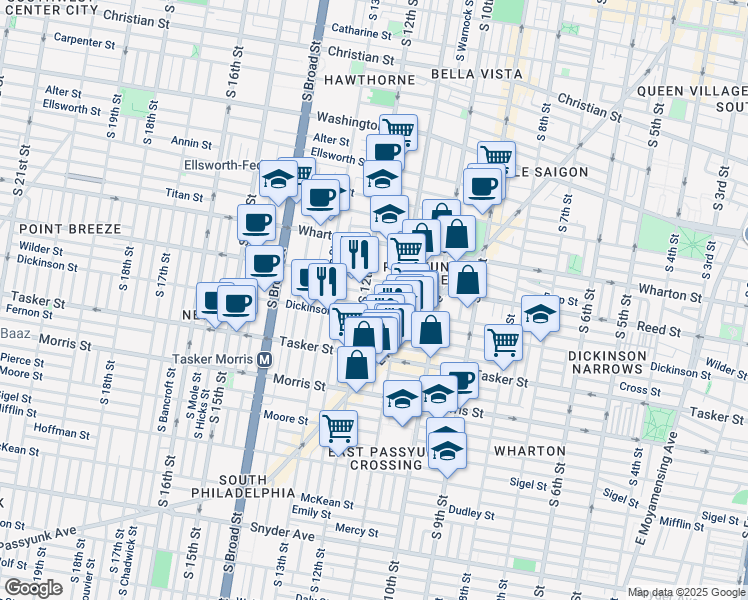 map of restaurants, bars, coffee shops, grocery stores, and more near 1142 Gerritt Street in Philadelphia
