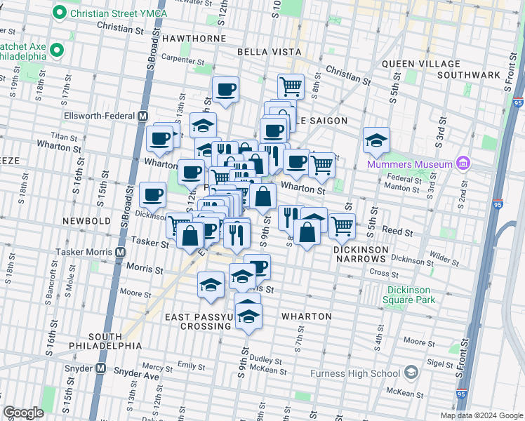 map of restaurants, bars, coffee shops, grocery stores, and more near 908 Reed Street in Philadelphia
