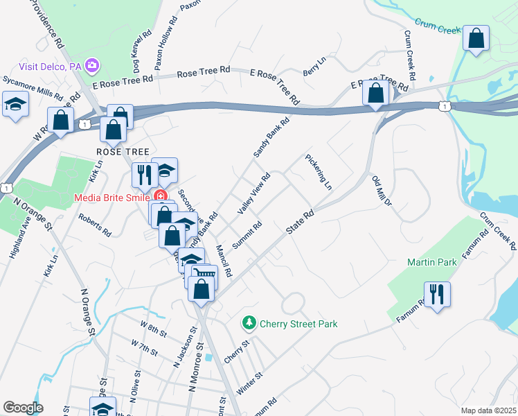 map of restaurants, bars, coffee shops, grocery stores, and more near 306 Summit Road in Media