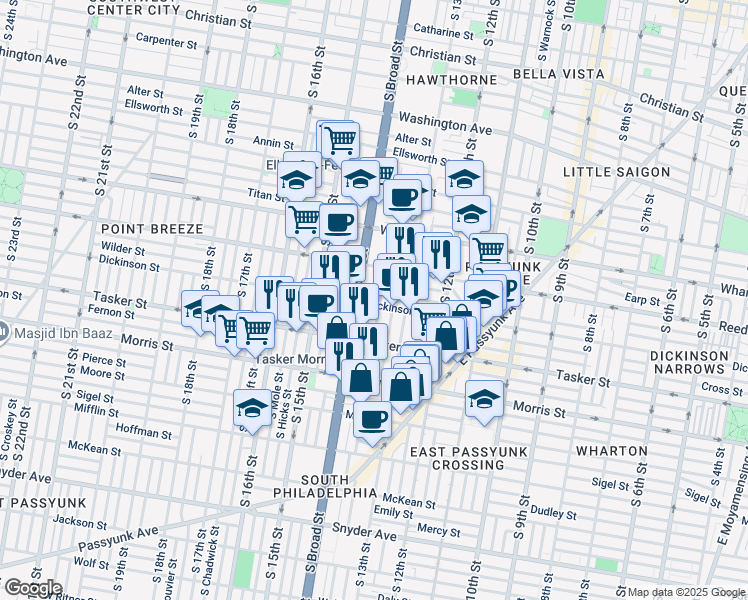 map of restaurants, bars, coffee shops, grocery stores, and more near 1331 Dickinson Street in Philadelphia