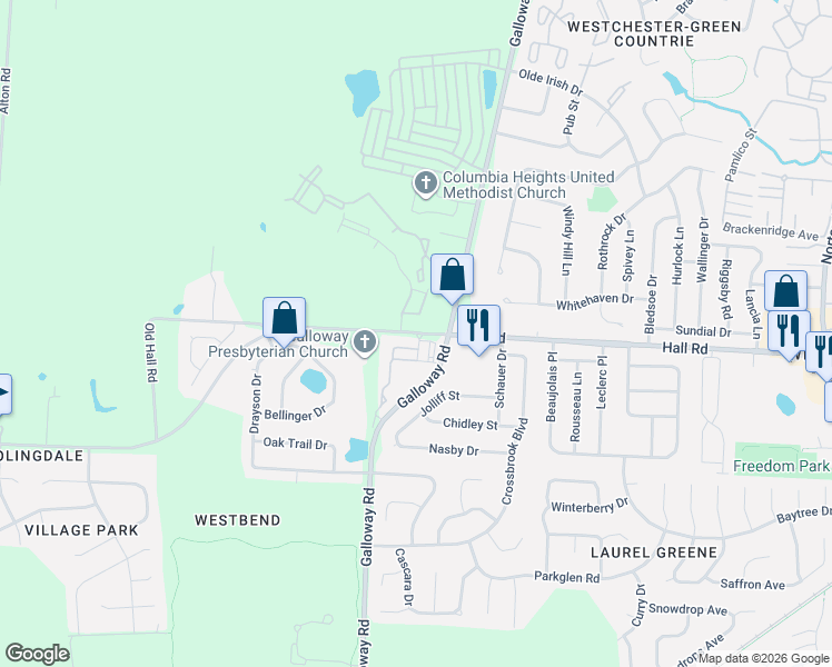 map of restaurants, bars, coffee shops, grocery stores, and more near 950 Brushfield Drive in Galloway