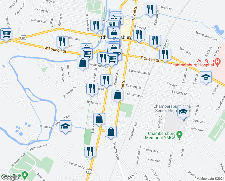 map of restaurants, bars, coffee shops, grocery stores, and more near 141 East Catherine Street in Chambersburg