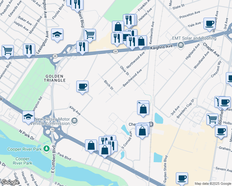 map of restaurants, bars, coffee shops, grocery stores, and more near Beechwood Avenue & Birch Street in Cherry Hill