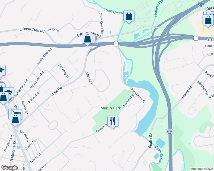 map of restaurants, bars, coffee shops, grocery stores, and more near 82 Old Mill Drive in Media