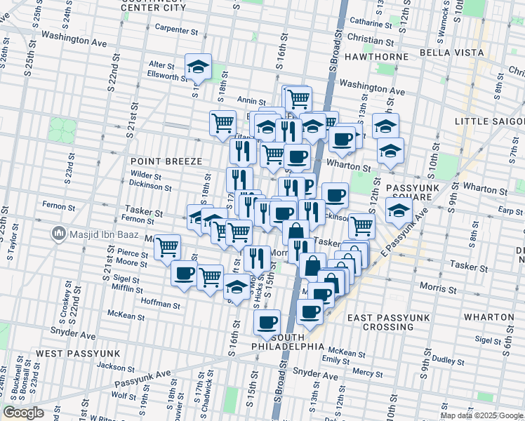 map of restaurants, bars, coffee shops, grocery stores, and more near 1510 South Mole Street in Philadelphia