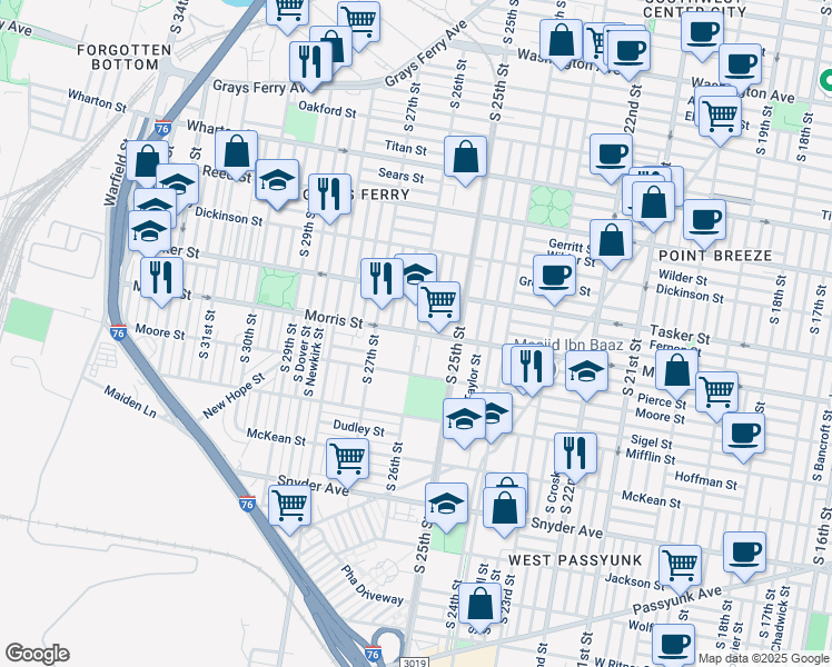 map of restaurants, bars, coffee shops, grocery stores, and more near 2600 Morris Street in Philadelphia