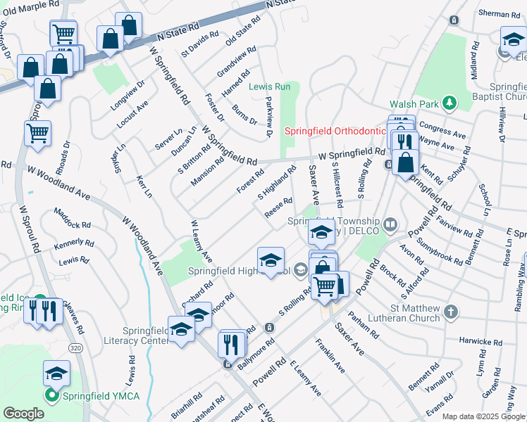 map of restaurants, bars, coffee shops, grocery stores, and more near 182 Reese Road in Springfield