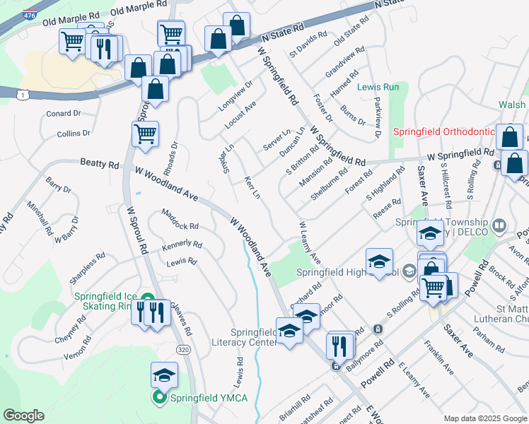 map of restaurants, bars, coffee shops, grocery stores, and more near 444 Kerr Lane in Springfield