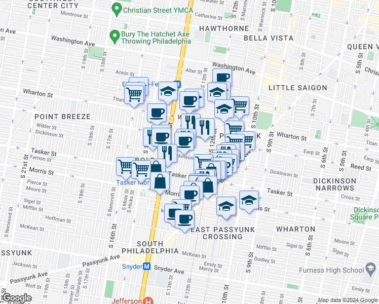 map of restaurants, bars, coffee shops, grocery stores, and more near 1436 South 13th Street in Philadelphia