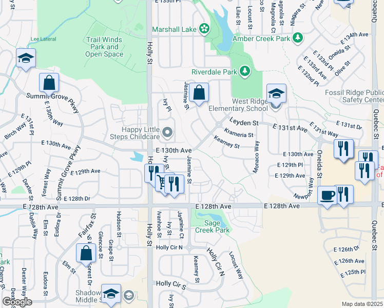 map of restaurants, bars, coffee shops, grocery stores, and more near 5965 East 129th Place in Thornton