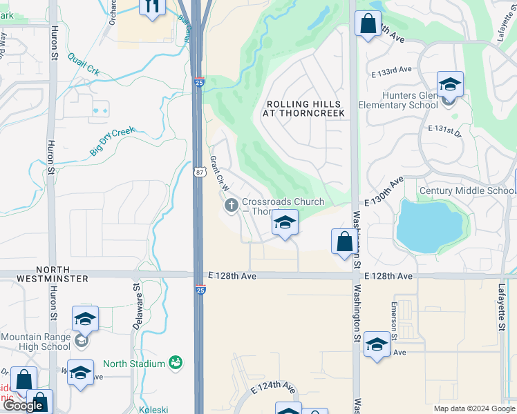 map of restaurants, bars, coffee shops, grocery stores, and more near 12943 Grant Circle East in Denver