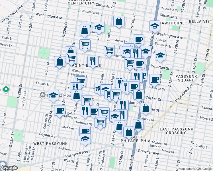 map of restaurants, bars, coffee shops, grocery stores, and more near 1545 South Bouvier Street in Philadelphia
