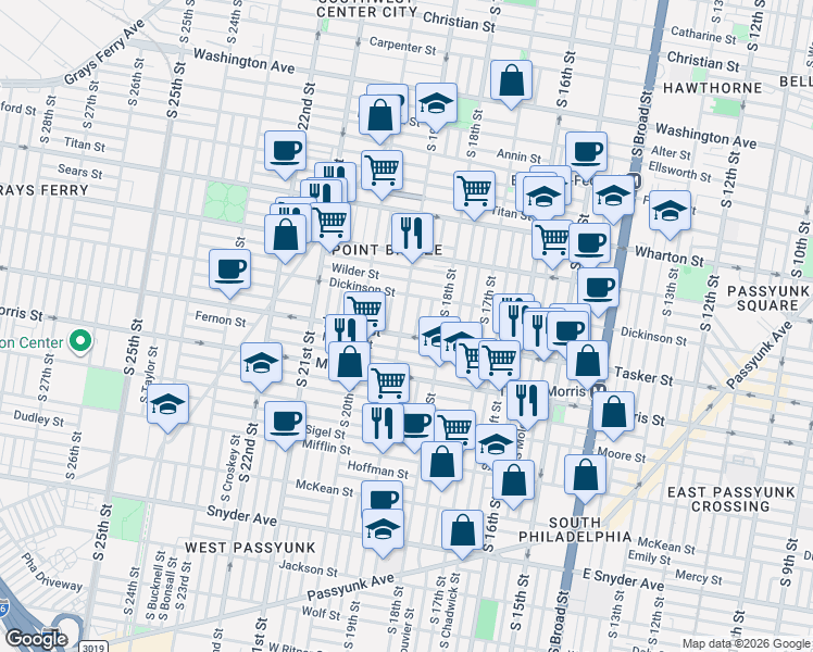 map of restaurants, bars, coffee shops, grocery stores, and more near 1819 Tasker Street in Philadelphia
