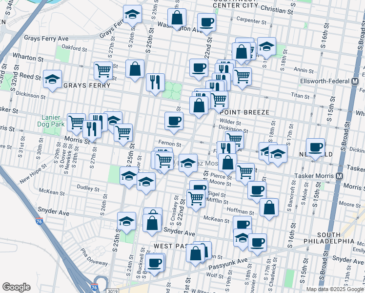 map of restaurants, bars, coffee shops, grocery stores, and more near 1639 South 23rd Street in Philadelphia